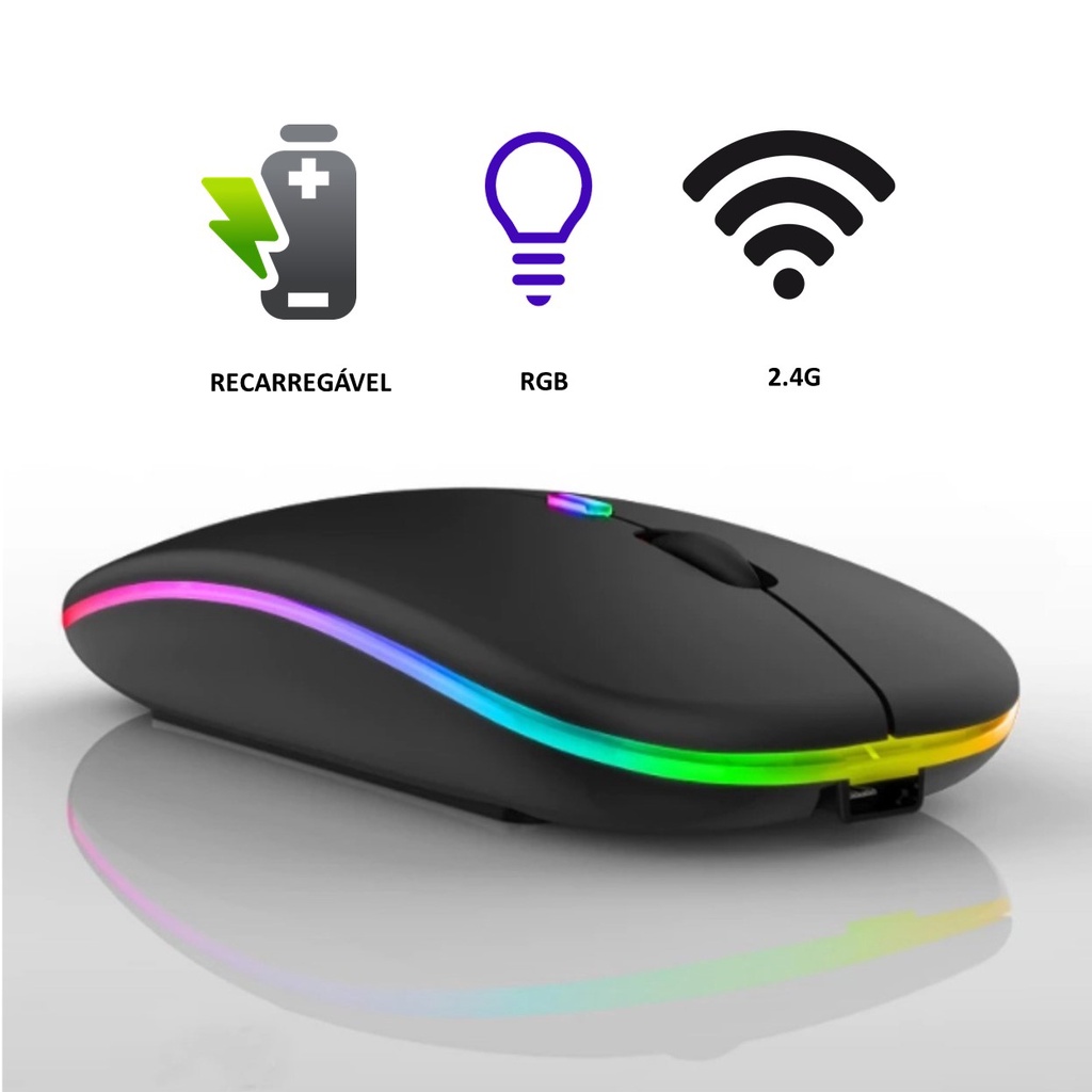 Mouse Sem Fio Wireless Com Bateria Interna Recarregavel 2,4 Ghz Led RGB Home Office