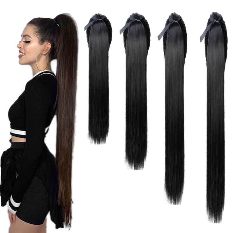 85 cm Moda Feminina Estendida Longa Reta Cordão Grampo De Cabelo Sintético Em Extensão Do Rabo De Cavalo Alta Peruca