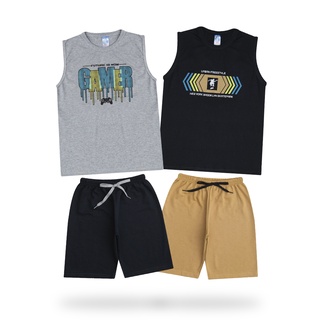 Kit 4 peças de roupas juvenil conjuntos verão menino 2 regatas e 2 bermuda Tamanhos 10- 12- 14-16