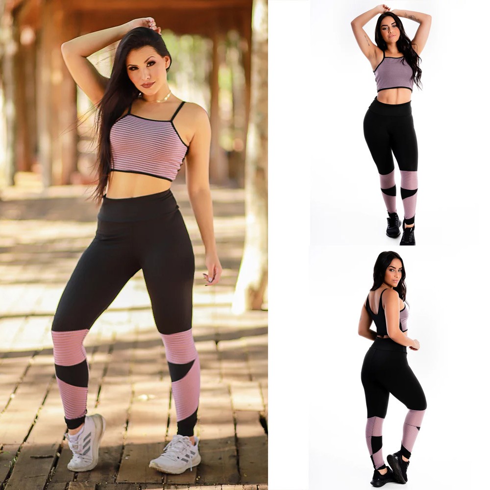 Conjunto Fitness Academia Cropped Alcinha e Calça Legging Cintura Alta Sem Transparência