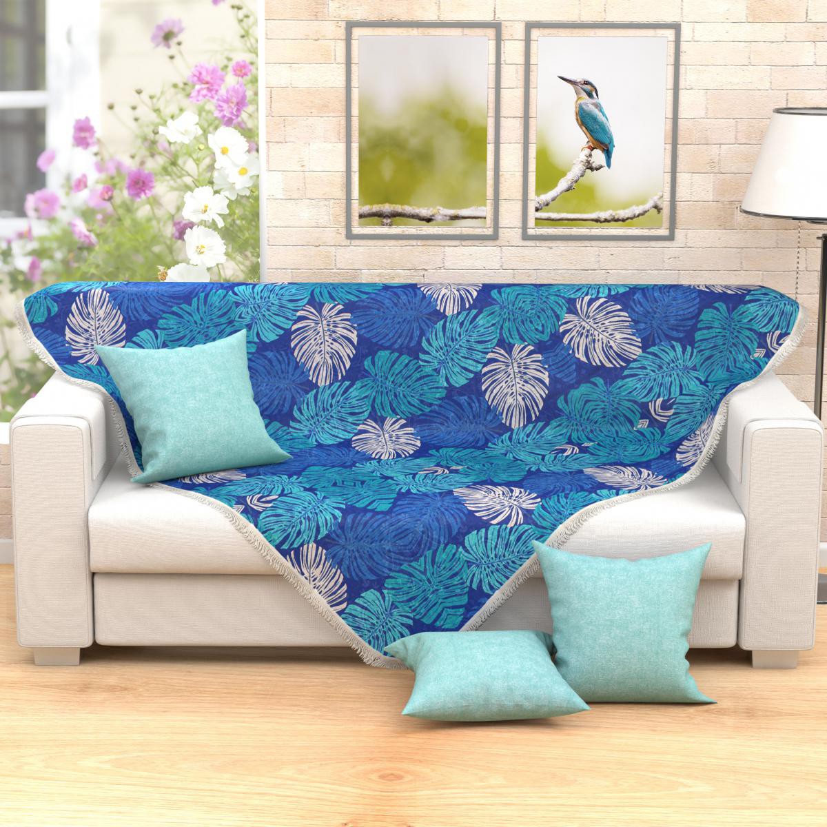 Manta para Sofá Azul Estampada Floral 1,50m x 1,50m + 3 Almofadas