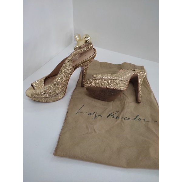 sapato tamanco social usado Peep toe meia pata tamanco salto fino dourado luiza barcelos 36