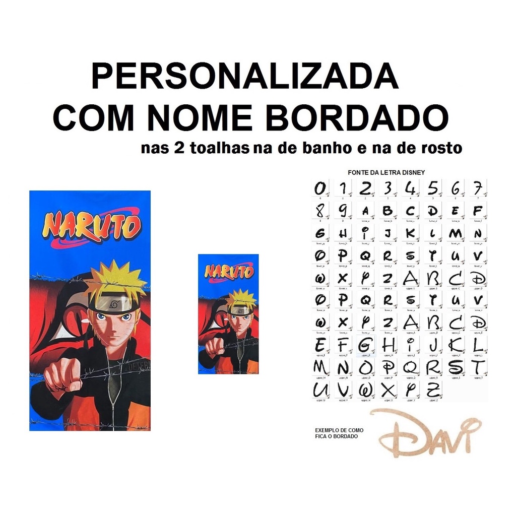 PERSONALIZADA NOME BORDADO kit 1 Toalha de Banho Infantil Naruto S + 1 Toalha de Rosto