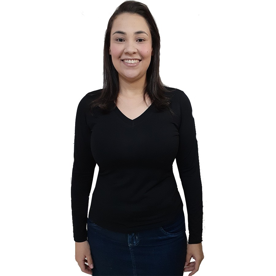 Blusa Manga Comprida Bata Baby Look de Malha Viscolycra com Gola V Camiseta Feminina Longa Basica