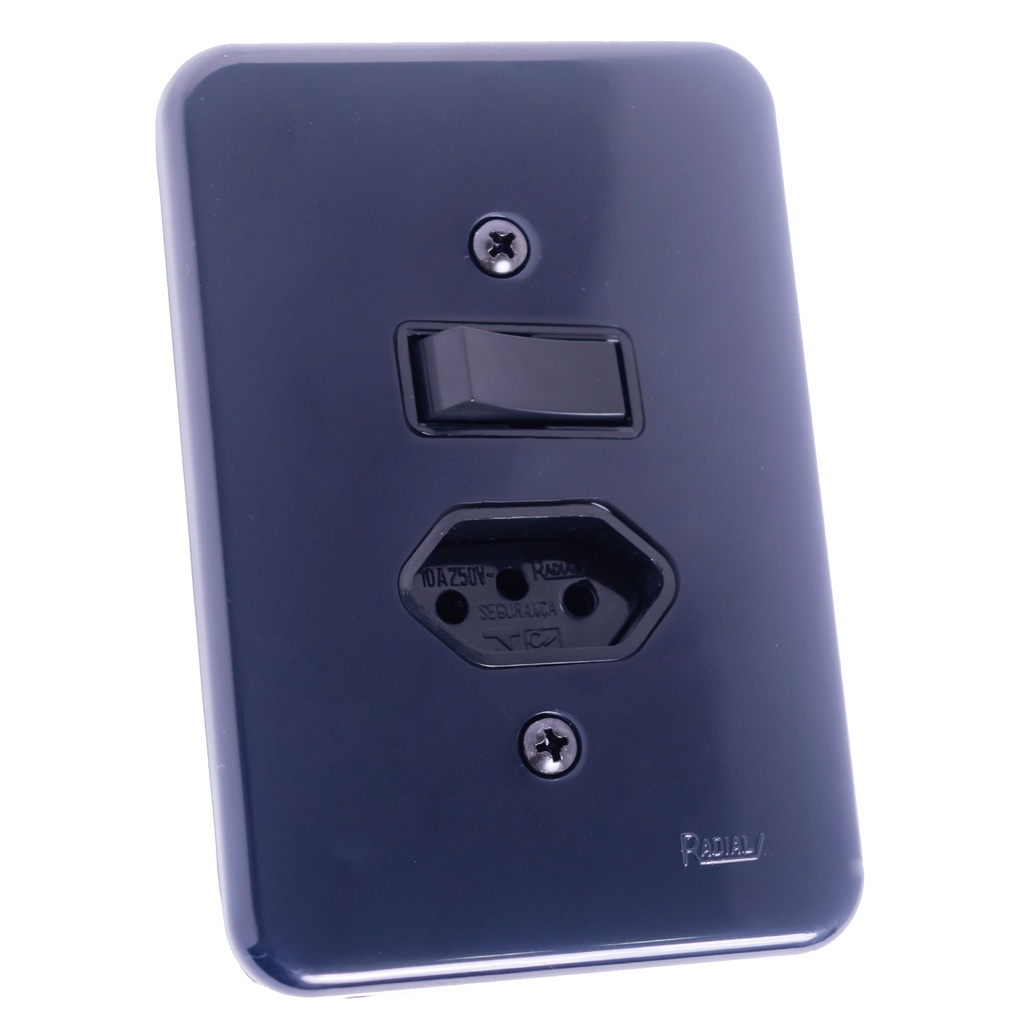 Interruptor Simples + Tomada 2P+T 10a L Pollar Black Radial