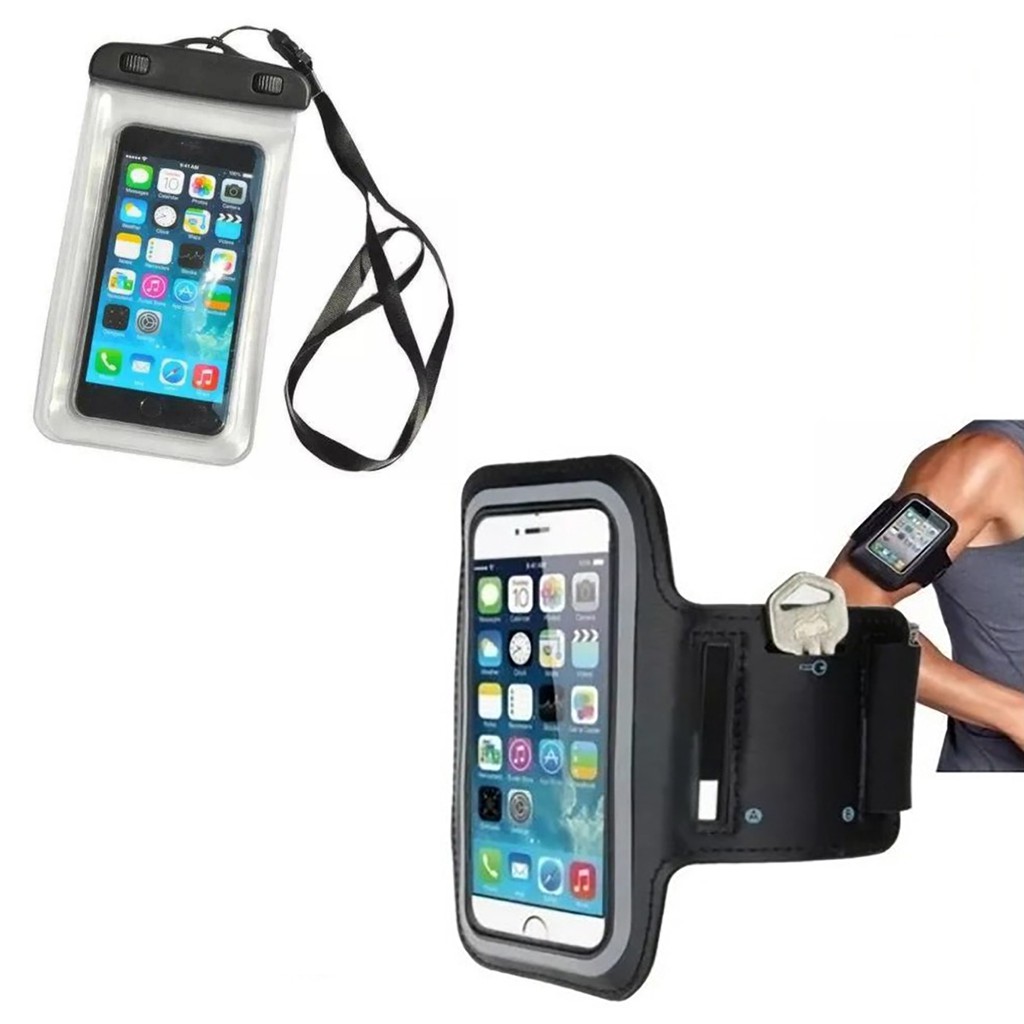 Kit Esportivo Celular Braçadeira Corrida + Capa Aprova D'água Mergulho Com Cordão Suporte Esporte Academia