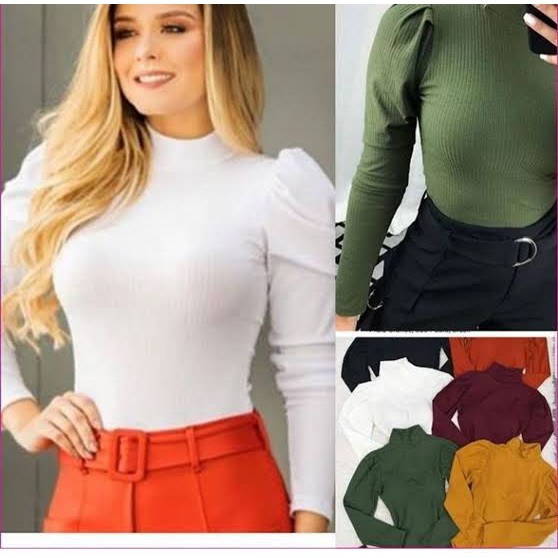 blusa princesa gola alta manga longa bufante moda blogueira poliester malha canelada