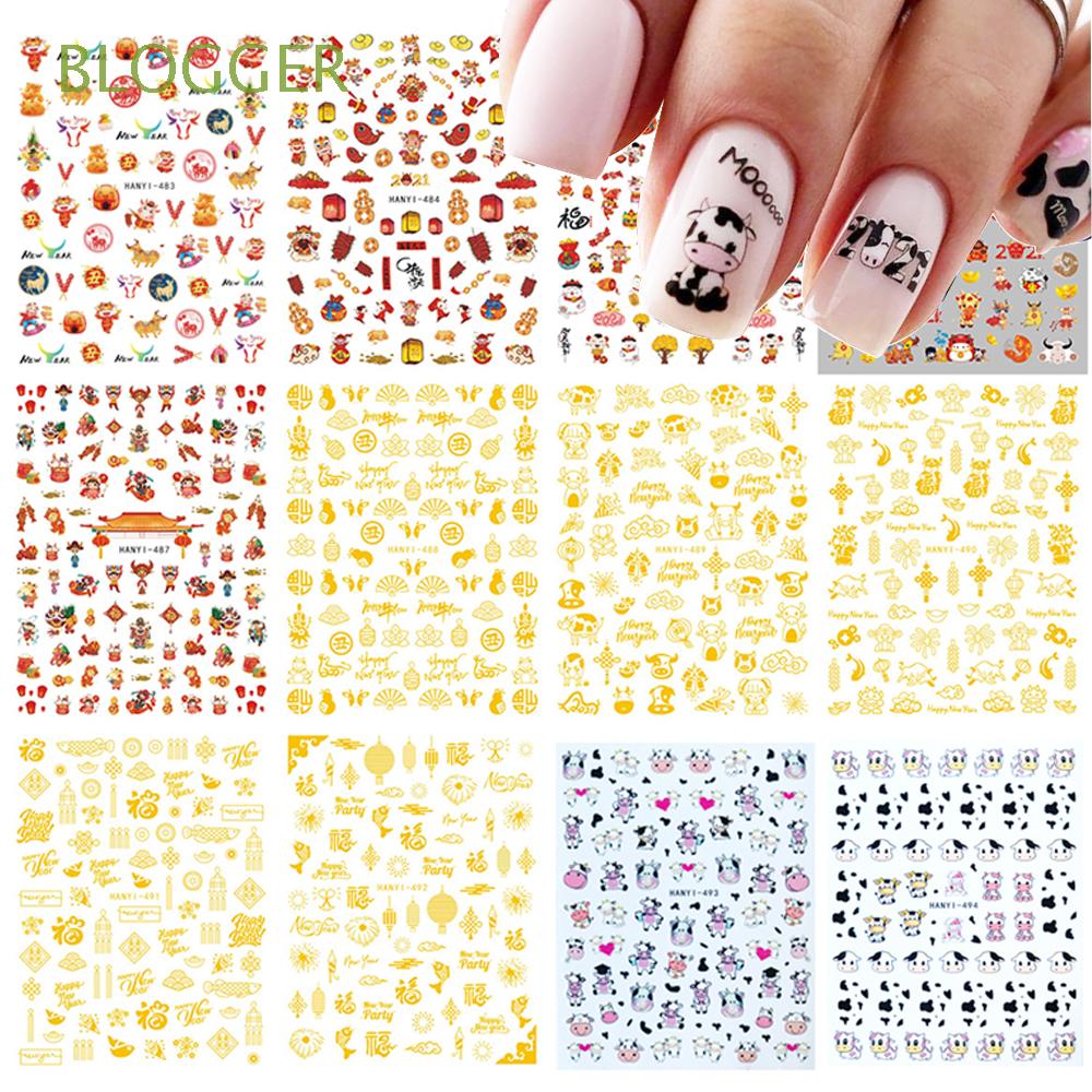 Blogger Mix Spots Black White 21 New Year Self Adhesive Chinese Elements Cute Cow Nail Stickers New Year Nail Art Shopee Brasil