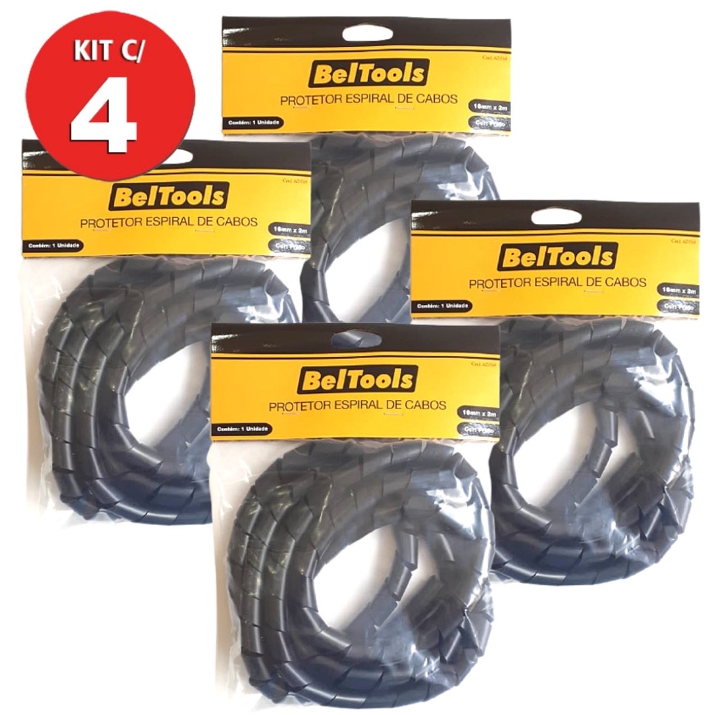 Kit 4 Protetor Cabos Espiral 16mm X 2 Metros Preto Beltools