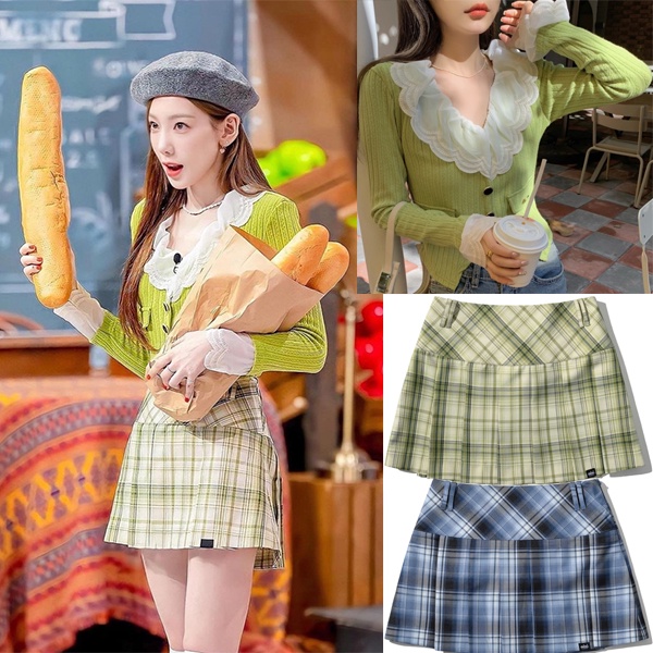 [Produto Genuíno Da Coreia gardigan E 5252 Por Xadrez mini Saia Girls'generation TAEYEON] top De Malha Pregas Mulher Coreana Mulheres K-pop idol Estilo fashion
