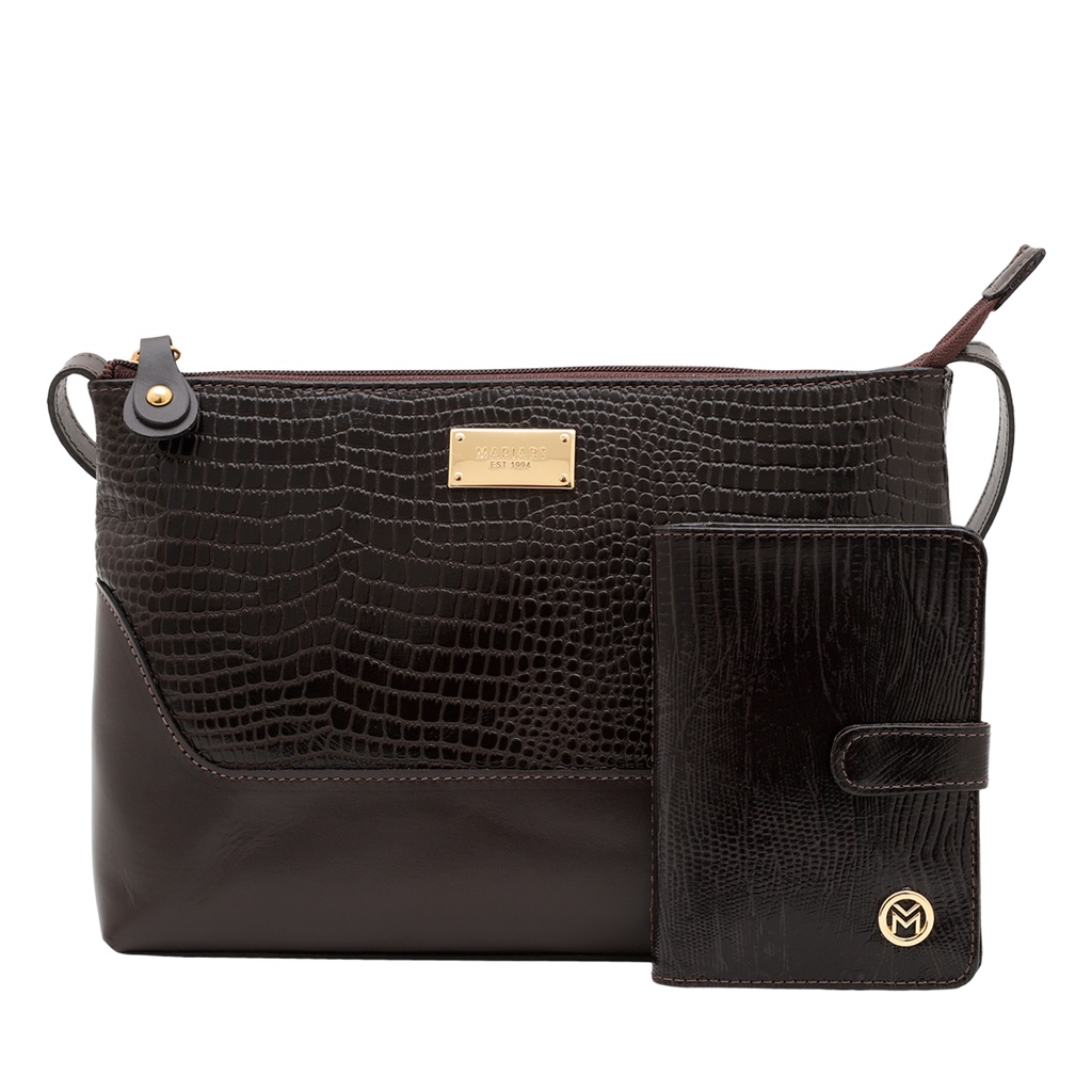 Kit Bolsa Transversal e Carteira Couro Legítimo Lezard Mariart 2194+237