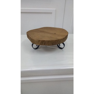 bandeja madeira decoração redonda pé de ferro em Oferta na Shopee