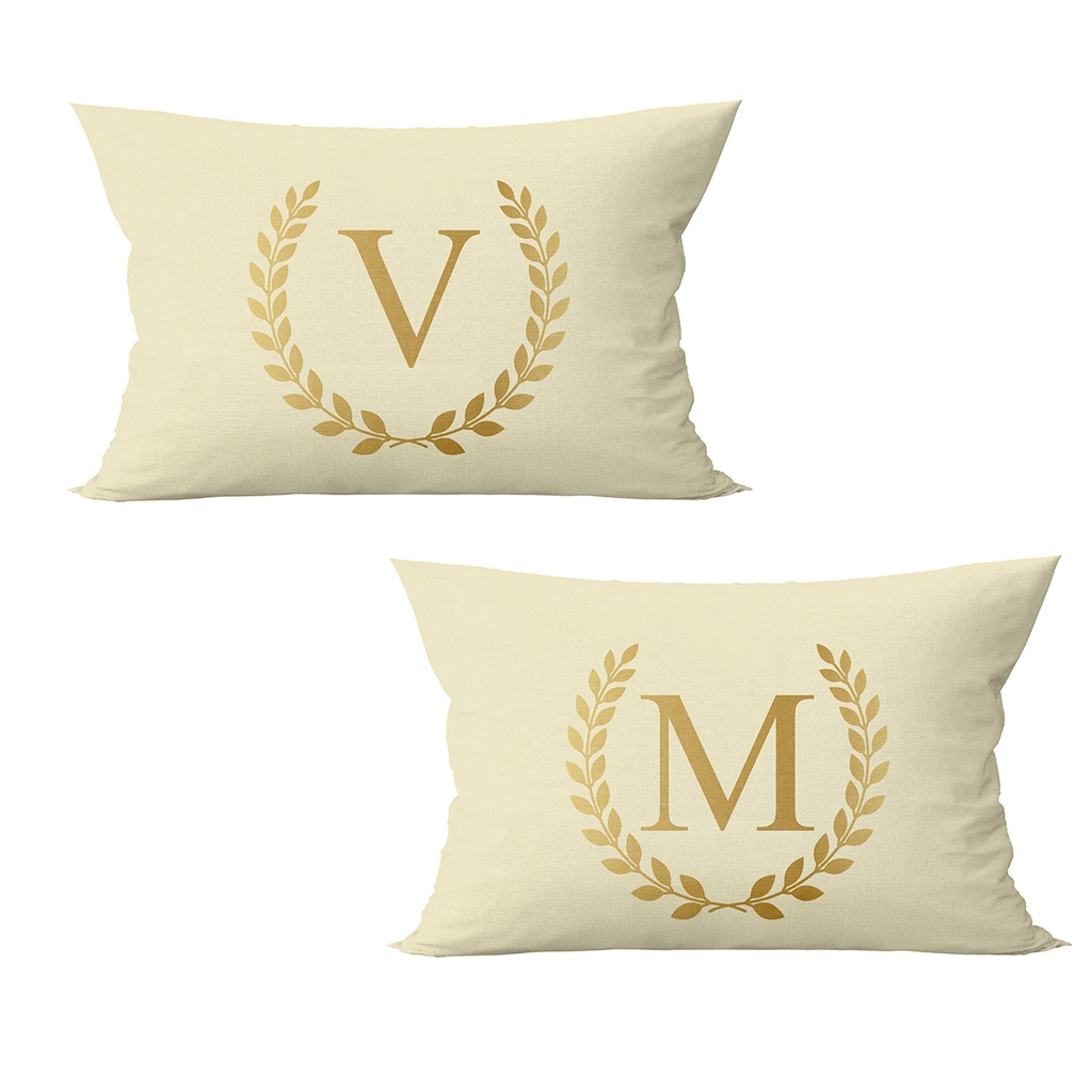 Kit 2 Capas de Almofadas Letra Inicial Brasão Bege Dourado Baguete 50x30 Decoração Cama Casal em Oferta na Shopee