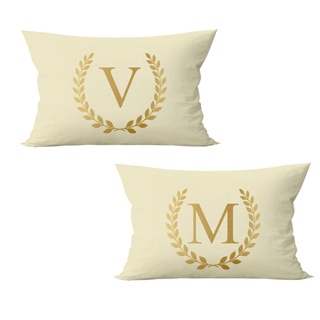 Kit 2 Capas de Almofadas Letra Inicial Brasão Bege Dourado Baguete 50x30 Decoração Cama Casal em Oferta na Shopee