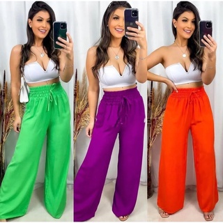 Calça Feminina Viscolinho Pantalona Com Forro Bolsos Verao