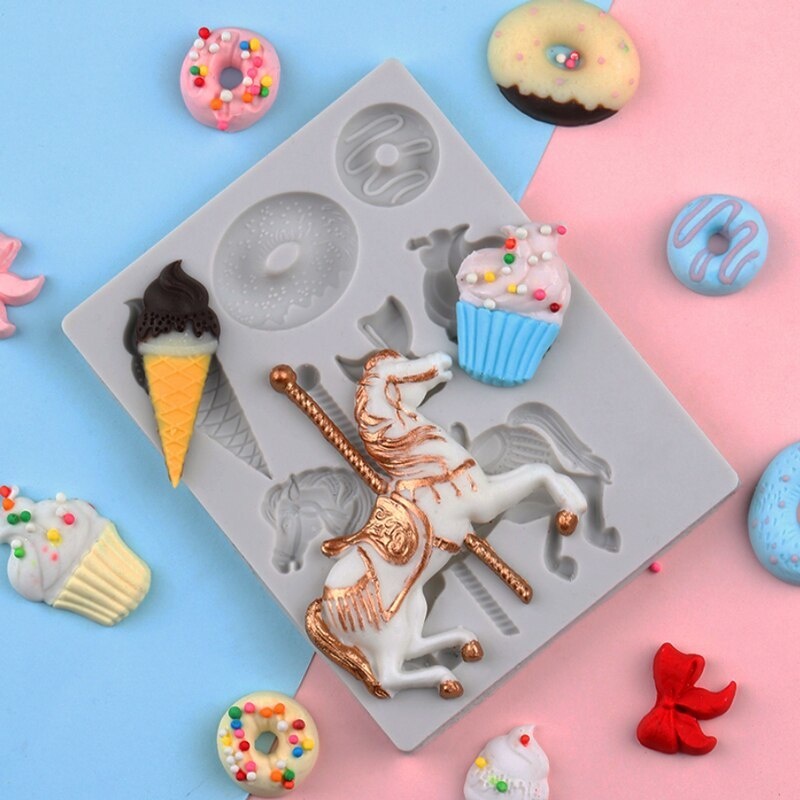 Molde de Silicone Tema Candy - Cavalinho Carrossel , Donuts, Sorvetinho para Biscuit e Confeitaria