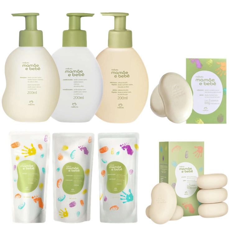 Mamãe e Bebê Natura: Shampoo, Condicionador, Sabonete Líquido/em Barra + Saboneteira ou Lenços Umedecidos (Clássico e Relaxante)