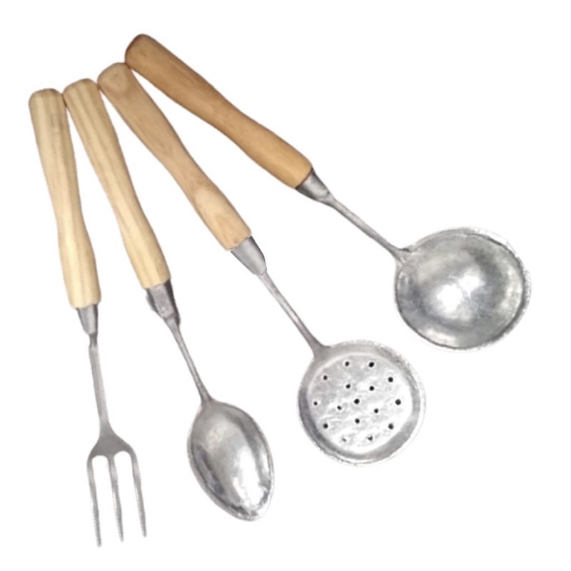 Kit Cozinha Colher De Arroz, Concha Para Feijão, Escumadeira e Garfo Cabo Madeira