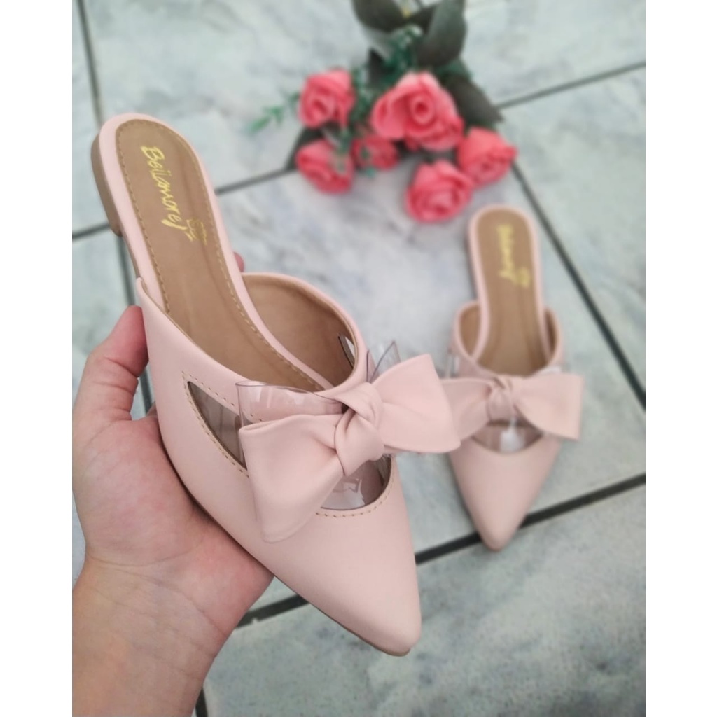 Sapato Feminino Mule  Bico Fino Com Transparência e Laço Ref. 033