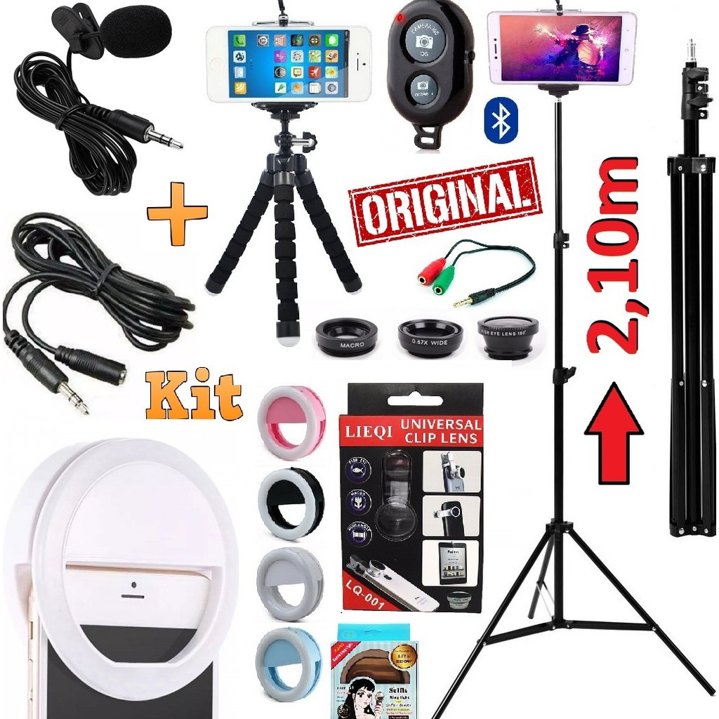 Kit Youtuber Microfone de Lapela + Tripé Para Câmera Celular 2,10m + Luz Led Lentes Olho de Peixe + Controle Bluetooth Universal