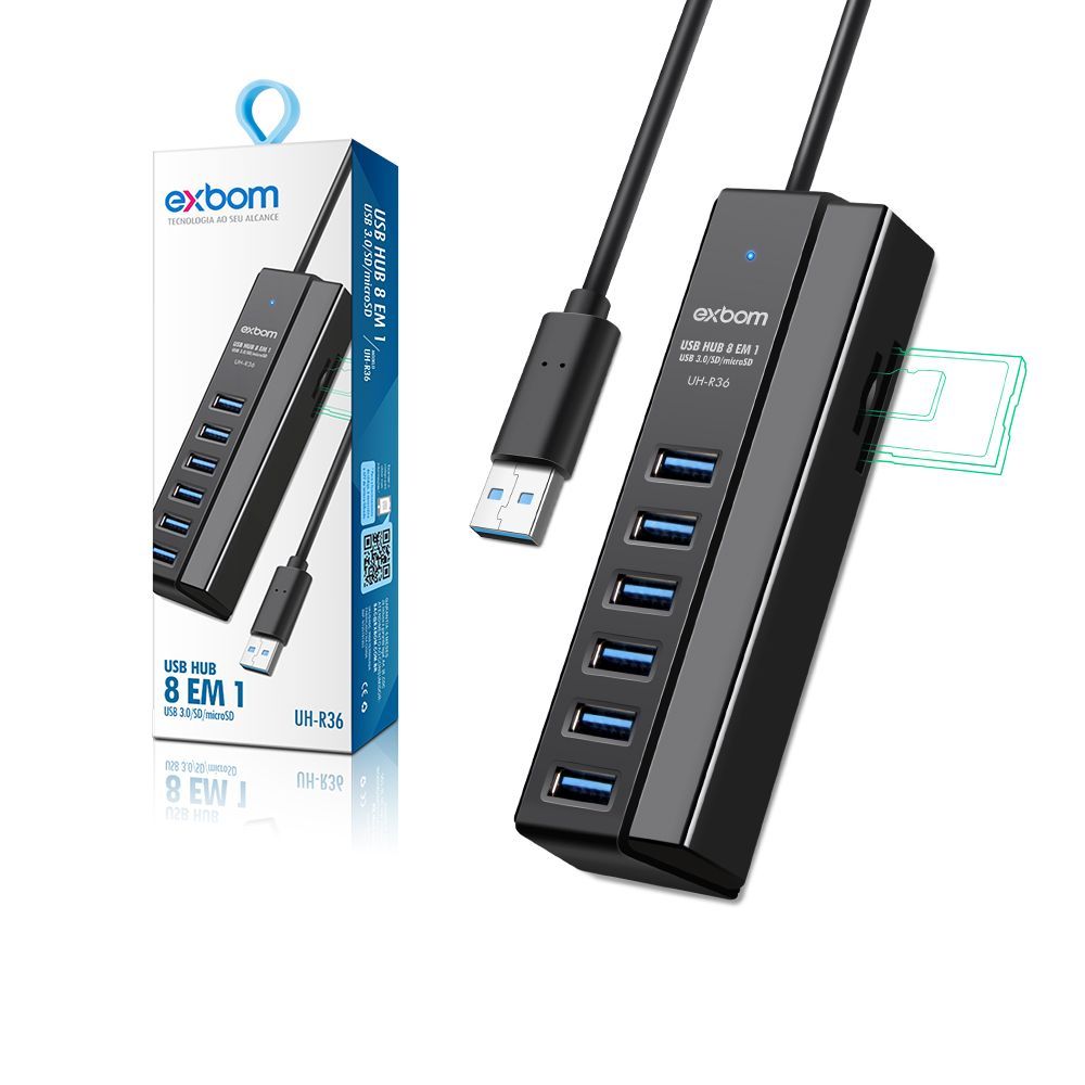 HUB USB 3.0 Combo 8 em 1 UH-R36 6 portas e 2 portas Leitor de Cartão SD/MicroSD e carregamento smart
