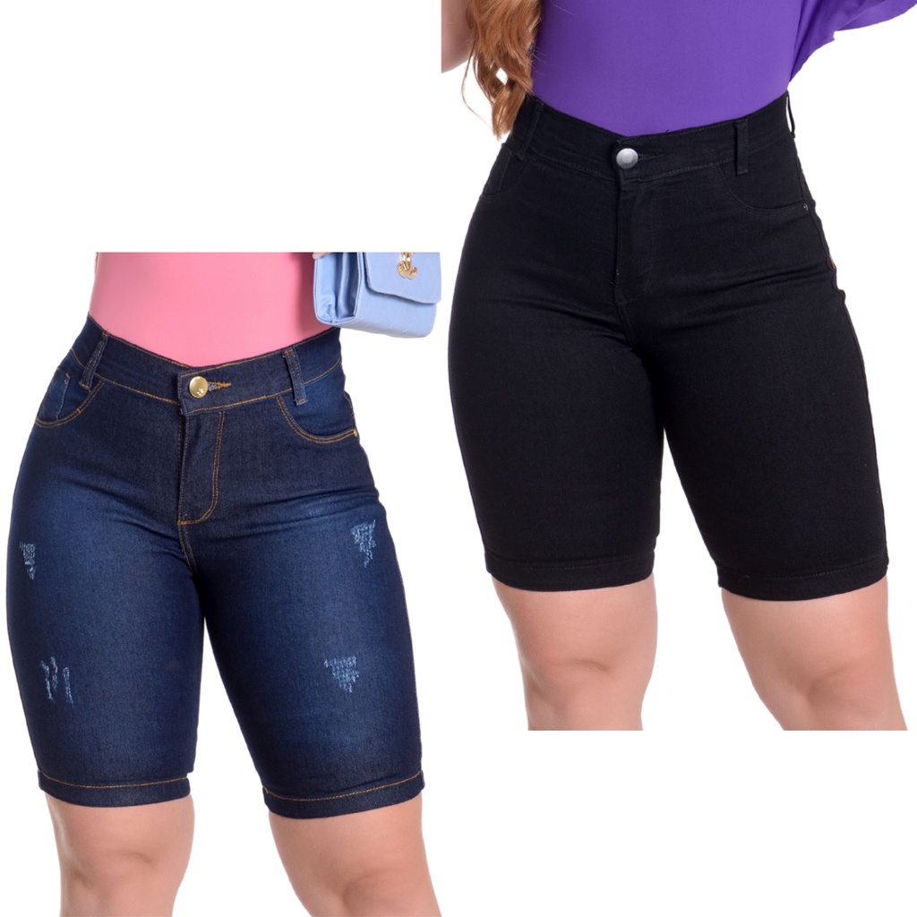 Kit 02 Shorts Cós Alto Veste Bem Jeans Femininos Até no Joelho Levanta Bumbum Elastano