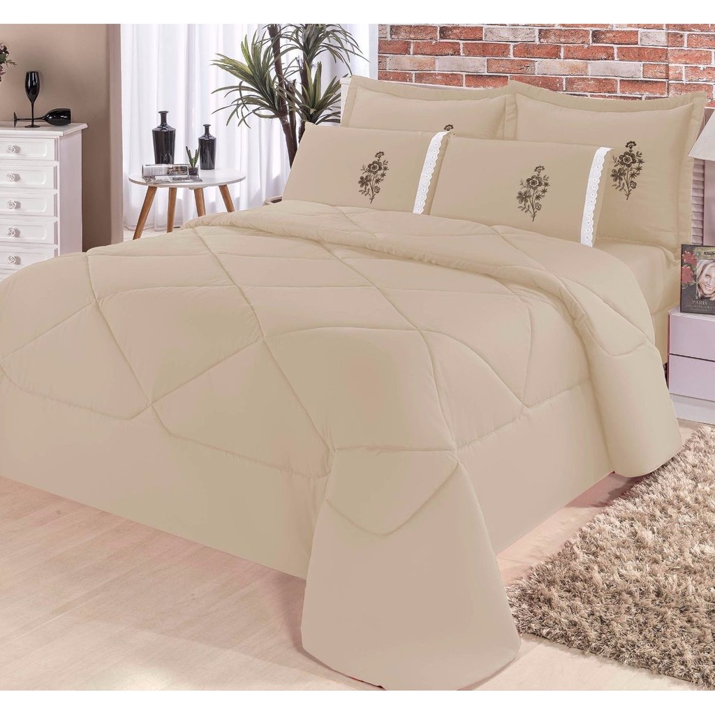 Kit 6 peças para cama Queem conforto edredom + jogo de lençol  avelã em Oferta na Shopee