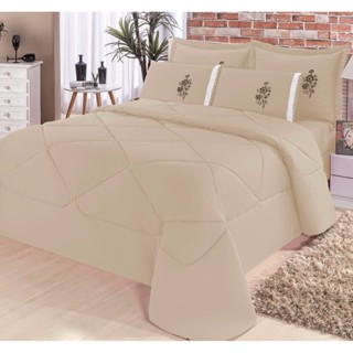 Kit 6 peças para cama Queem conforto edredom + jogo de lençol  avelã em Oferta na Shopee