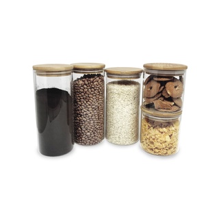 Kit 5 Potes De Vidro P/ Mantimentos C/ Tampa Bambu 500/800/1100ml - Oikos