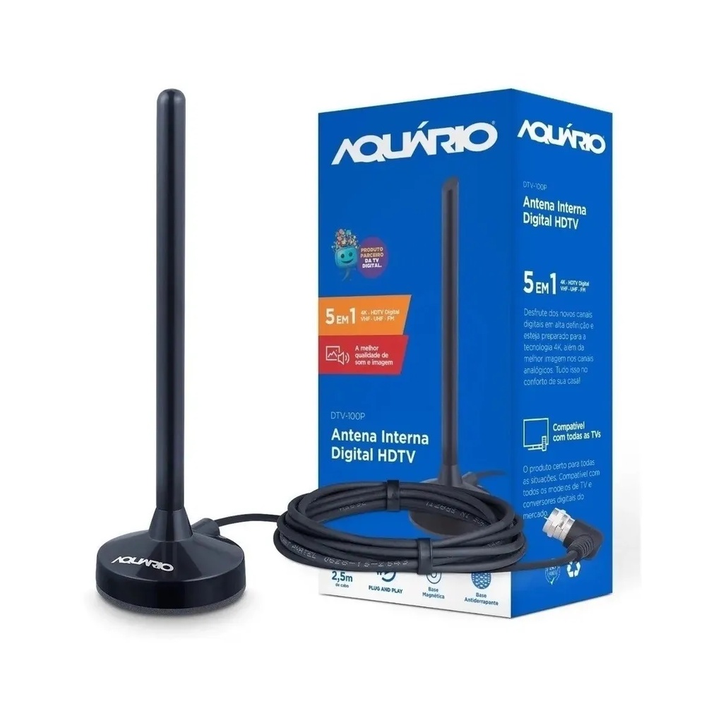 Antena Digital Interna Digital Full Hdtv 4K Aquario FM TV Antena Com Cabo Dtv-100P