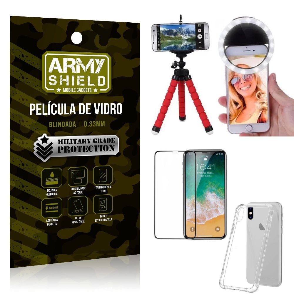 Kit Mini Tripé + Selfie Ring Light iPhone X + Capa Anti Impacto + Película Vidro 3D