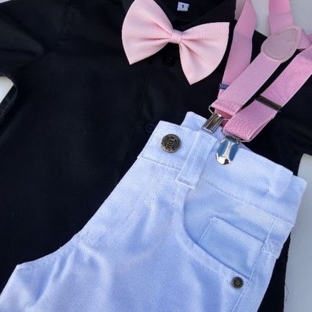 Conjunto Infantil Liso Mundo Bita Natal Menino Roupa Temático Camisa Manga Curta Bermuda Suspensório Gravata Borboleta