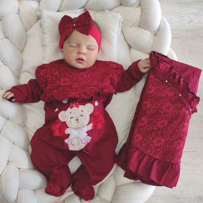 Saída de Maternidade Sonho Meu Bebê Menina Ursinha Zoe Marsala Bordado - Tam P