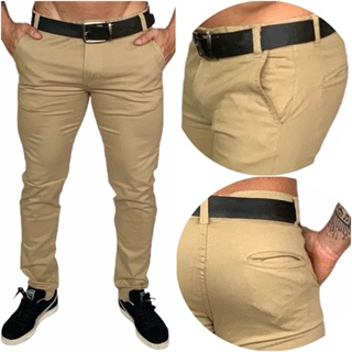 Calça Masculina Sarja Slim Estilo Chino Bege em Oferta na Shopee