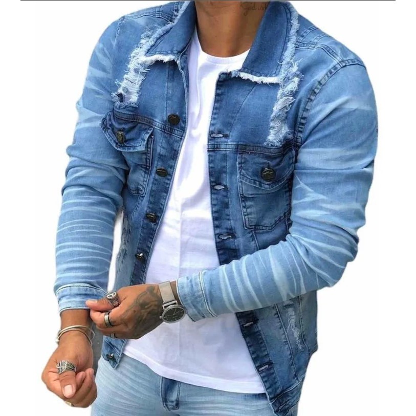 jaqueta jeans masculina rasgado destroyed slim azul