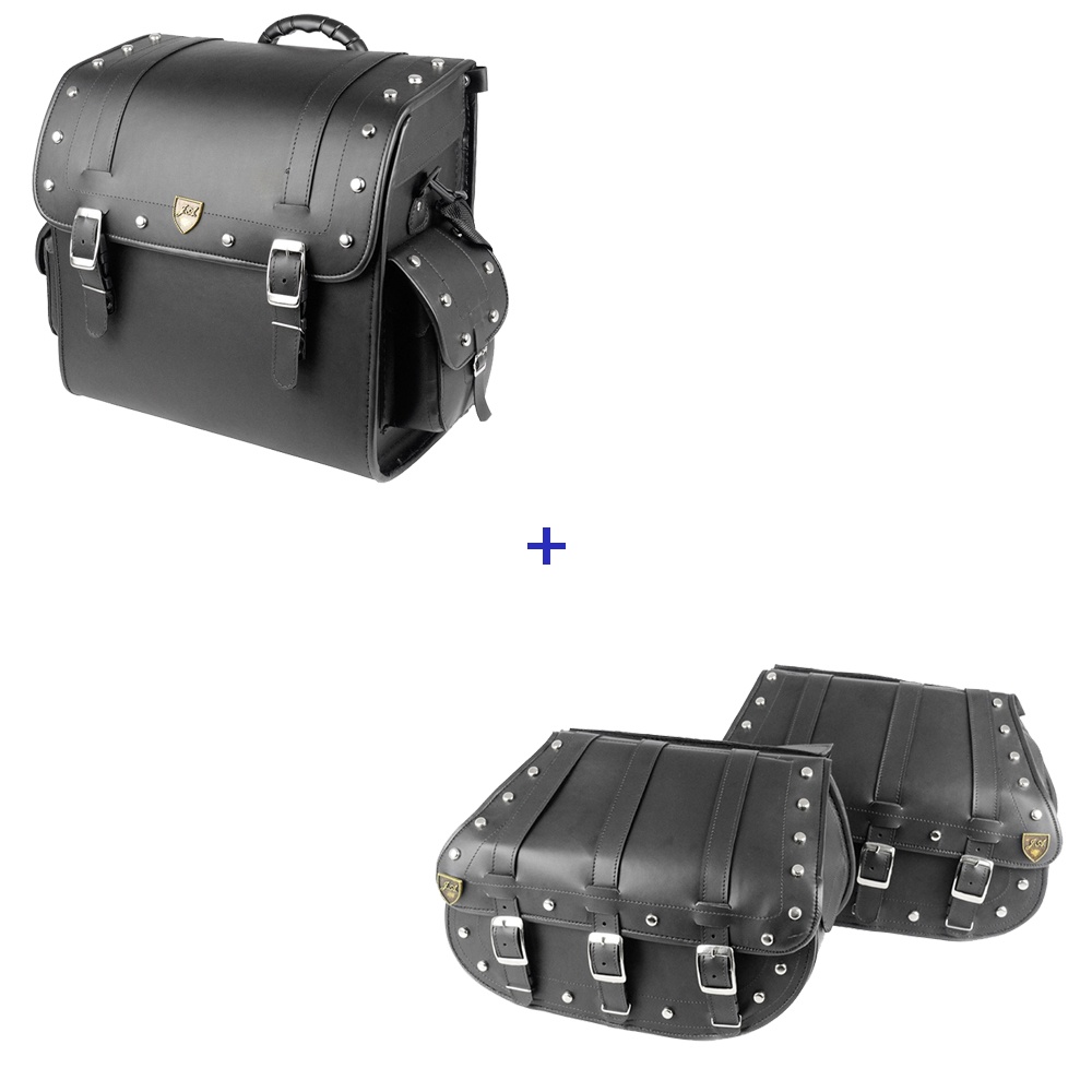 Kit Viagem Alforge Traseiro 35 Litros Wester em Couro Sintético C/ Cravos + Alforge Lateral 3F 25 Litros em Couro Sintético C/ Cravos