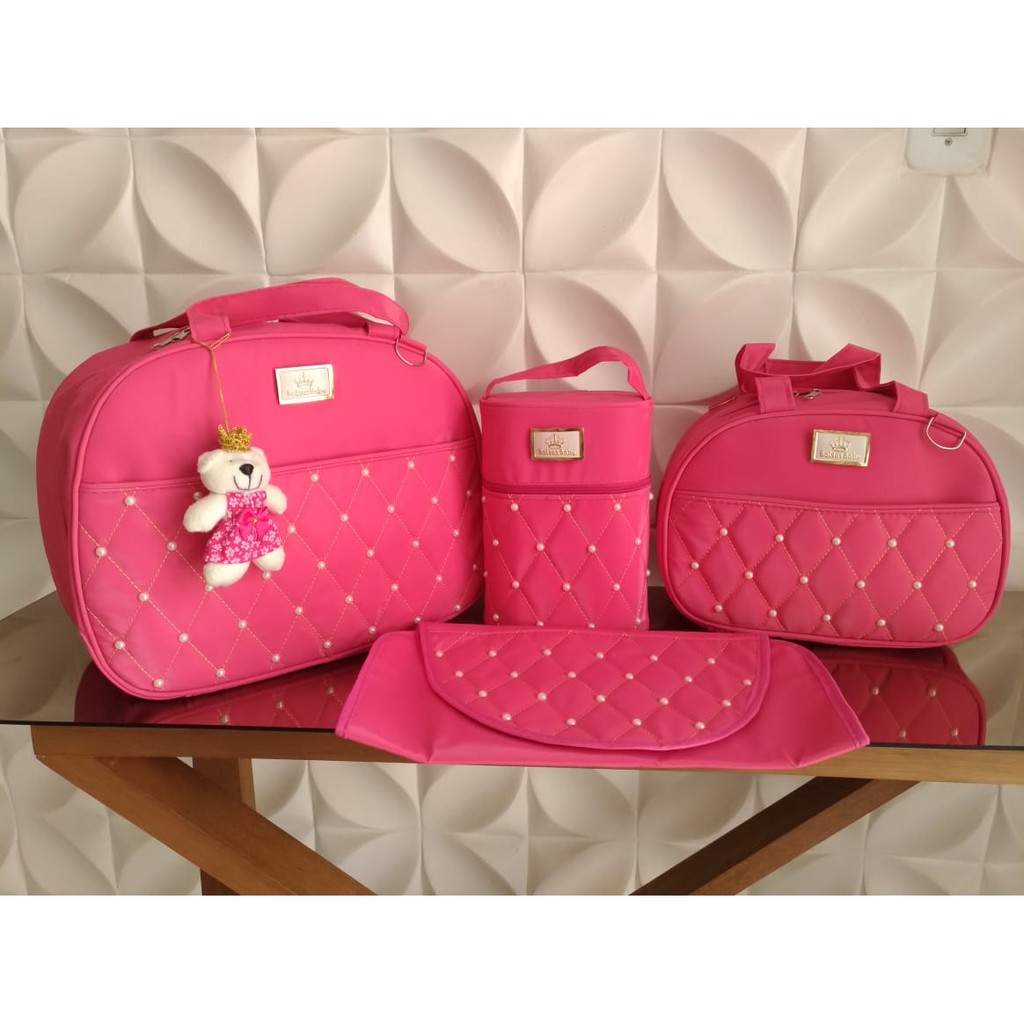 Kit 4 Pecas Bolsa Bebe Saida Maternidade Com Porta Mamadeira E Trocador Menina Rosa Pink Shopee Brasil