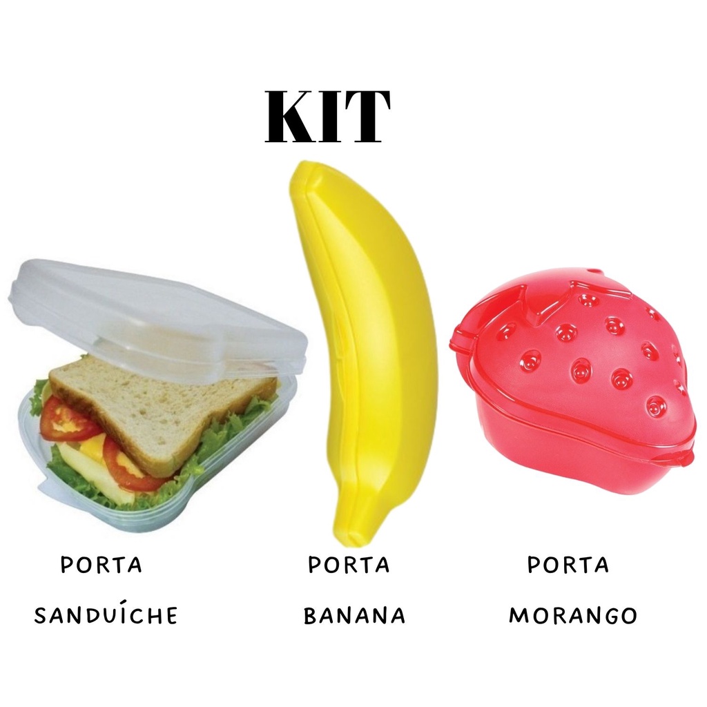 Kit porta Sanduiche/misto Vasilha + Porta metade Banana + Porta Frutas Morango - Organizadores de Alimentos para Marmita
