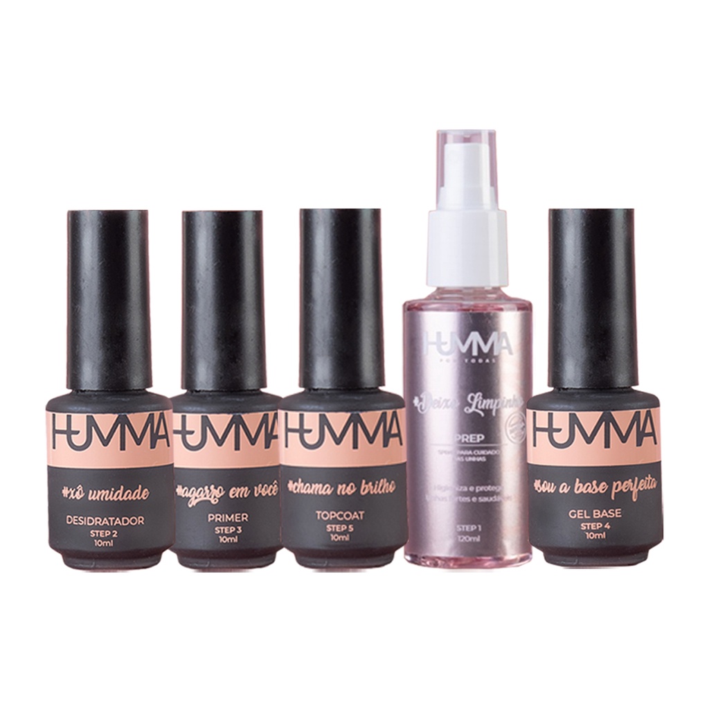 Preparadores De Unha Humma - Top Coat + Gel Base + Desidratador + Primer E Prep Antisséptico
