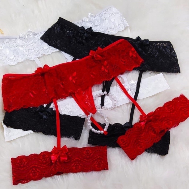 Kit 2 Calcinha Renda Sexy Tanga Tailandesa fio dental + Cinta liga com Pérolas