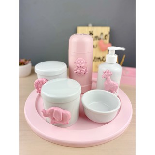 Kit Higiene Porcelana Bandeja Redonda Temas Garrafa Rosa 250ml