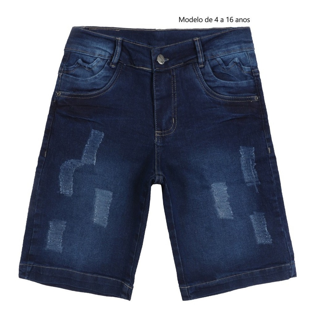 Bermuda Jeans Menino Kids Bolsos Puídos Destroyed Tendência Moda Infantil