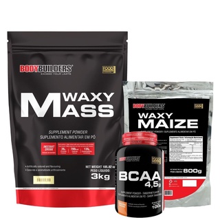 Kit Suplemento em Pó Hipercalórico Waxy Mass 3Kg + Waxy Maize 800g Natural - Bcaa 4,5 100g - Recuperação Rápida, Eficaz e Potencialização no Treino de Musculação na Academia - Bodybuilders