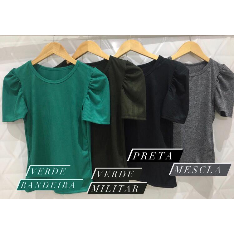 Blusa feminina manga bufante princesa curta malha canelada com elastano fashion moda estilo meninas