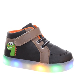 Tenis Bota Botinha Calcado Infantil Crianca Kids Masculino Menino Com Luzinha Luz Led Dinossauro Preto