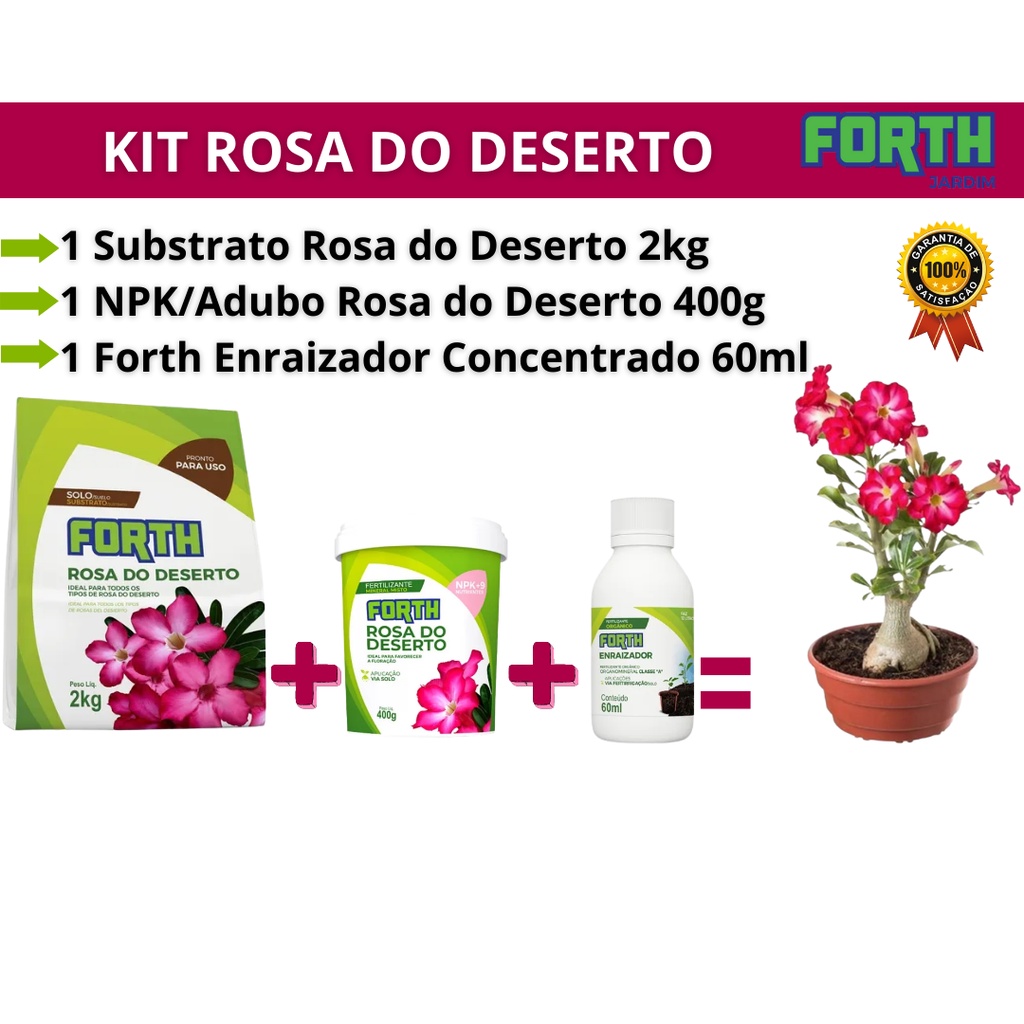Kit Rosa do Deserto - Substrato 2kg + Fertilizante 400g + Enraizador Concentrado 60ml Forth Jardim