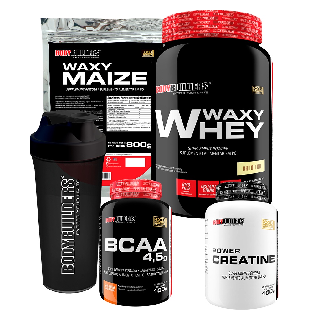 KIT - Waxy Whey 900g, Waxy Maize 800g, Power Creatina 100g, BCAA 100g, Coqueteleira - Bodybuilders