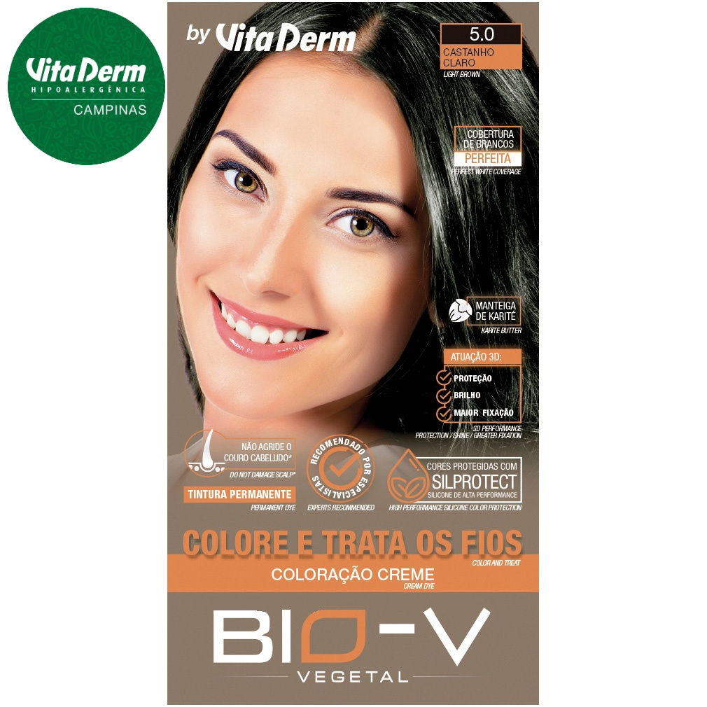Coloração Vita Derm Bio V - Cor: 5.0 Castanho Claro Tinta de Cabelo Hipoalergenico