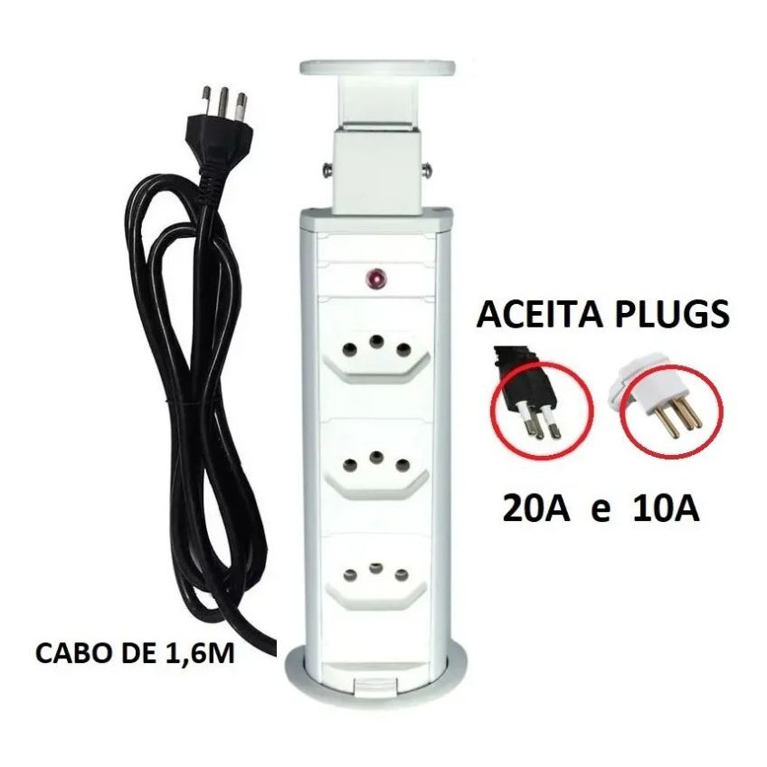 Torre 3 Tomadas Retrátil Multiplug Embutir Totem