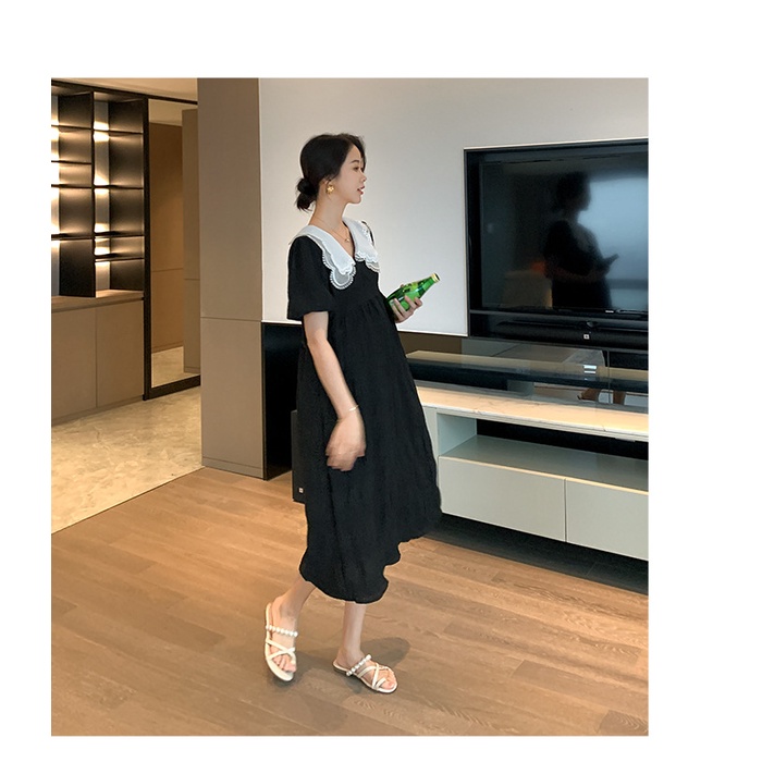 Venda Em Estoque Preto XL Mulheres Grávidas Vestido De Verão Gola Pétala Doce Manga Bolha Temperamento Cintura Alta Mate